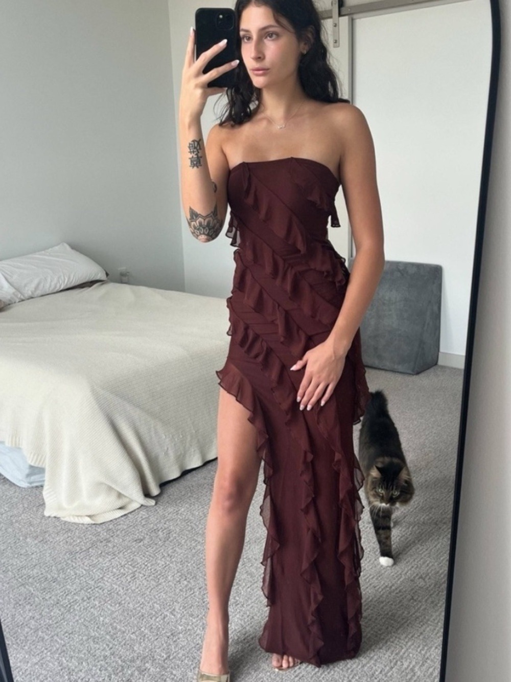 Oh Polly Nevali Bandeau Ruffle Detail Maxi Dress in Brown - Picture 3 of 15